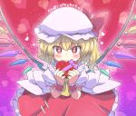  ascot blonde_hair blush cowboy_shot crystal_wings embarrassed fang flandre_scarlet frills hair_ribbon happy_valentine hat looking_at_viewer medium_hair mob_cap puffy_short_sleeves puffy_sleeves red_eyes red_ribbon ribbon short_sleeves side_ponytail tanasuke touhou valentine yellow_ascot 