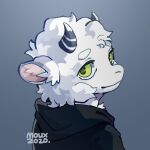 2020 2_horns anthro black_clothing black_hoodie black_topwear bovid caprine clothing fur green_sclera hoodie horn icon looking_at_viewer male mammal monotone_body monotone_fur moux pink_inner_ear sheep small_horn smile solo topwear white_body white_fur