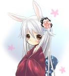  albino animal_ears bunny_ears china_(tinako) copyright_request flower japanese_clothes lowres red_eyes solo white_hair 