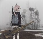  1girl absurdres ahoge american_flag arm_at_side backpack bag black_gloves black_jacket black_skirt bolt_action brown_eyes brown_hair cheytac_m200 closed_mouth day dirt_road expressionless feet_out_of_frame fence fog from_behind girls&#039;_frontline gloves gun hand_up highres holding holding_gun holding_weapon hood hood_down hooded_jacket jacket long_legs long_sleeves lovell_(v311) low_ponytail m200_(girls&#039;_frontline) miniskirt outdoors patch photo_background profile radio_tower rifle road shoulder_patch signature skirt sniper_rifle snow snowing solo standing unworn_headphones weapon 