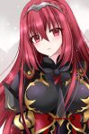  1girl alear_(female)_(fire_emblem) alear_(fire_emblem) armor black_bow bow braid breasts closed_mouth commentary_request crown_braid eyelashes fire_emblem fire_emblem_engage gold_trim grey_background hair_between_eyes highres kirishima_riona large_breasts long_hair looking_at_viewer pink_lips red_eyes red_hair solo upper_body 