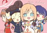  4girls :3 :d armor armored_dress blonde_hair blue_eyes bright_pupils brown_hair buttons cake chibi chocolate_cake chocolate_statue closed_eyes closed_mouth commentary_request dated dress estellise_sidos_heurassein eyelashes food gloves goggles goggles_on_head gold_trim happy_valentine hat holding holding_plate judith_(tales) medium_hair multiple_girls navel open_mouth patty_fleur pink_background pink_hair pirate_hat plate red_eyes rita_mordio simple_background smile statue sugara_10 tales_of_(series) tales_of_vesperia v-shaped_eyebrows white_dress white_gloves white_pupils yuri_lowell 