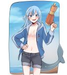  beach copyright_request fins fish_tail food highres jacket mittsu navel no_bra non-web_source open_clothes open_jacket popsicle shark_tail shorts swimsuit tail third-party_edit topless 