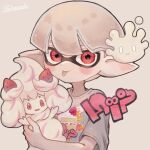  1boy :p alcremie artist_name closed_mouth commentary_request cream food_print grey_shirt highres inkling_(language) inkling_boy inkling_player_character looking_at_viewer milcery pointy_ears pokemon pokemon_(creature) print_shirt red_eyes shirt short_hair simple_background splatoon_(series) splatoon_3 tebasaki_(teba_illust) tentacle_hair thick_eyebrows tongue tongue_out upper_body white_background white_hair 