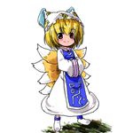  blonde_hair blush chibi dress fox_tail full_body hands_in_opposite_sleeves hat kiku_hitomoji long_sleeves multiple_tails pillow_hat shoes short_hair smile solo standing surcoat tabard tail tassel touhou white_background white_dress wide_sleeves yakumo_ran yellow_eyes 