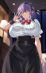  1girl black_skirt blue_eyes blush breasts dagashi_kashi flower frills hair_flower hair_ornament hairband high-waist_skirt highres huge_breasts large_breasts long_skirt looking_at_viewer parted_lips puffy_short_sleeves puffy_sleeves purple_hair scrunchie shidare_hotaru shirokuma_a shirt short_hair short_sleeves skirt smile solo suspender_skirt suspenders white_shirt wrist_scrunchie 