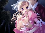  1boy 1girl blonde_hair blush breasts dress game_cg grope groping pink_dress purple_eyes ribbon ribbons upset 