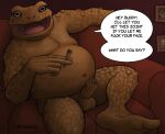amphibian anthro balls belly castercat drugs frog furniture genitals hi_res humanoid_genitalia joint_in_hand male marijuana navel nude penis plantigrade sitting slightly_chubby sofa solo speech_bubble talking_to_viewer text toad_(frog)