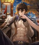  1boy 1girl abs absurdres black_gloves brown_hair brown_jacket brown_shirt closed_mouth debbie_(debbielu9972) earrings genshin_impact gloves gradient_hair hair_between_eyes highres jacket jewelry lamp long_hair long_sleeves male_focus midriff multicolored_hair muscular muscular_male navel open_clothes open_shirt shirt single_earring smile solo stomach tassel tassel_earrings yellow_eyes zhongli_(genshin_impact) 