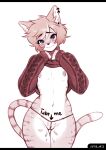 andromorph anthro bead_panties bodily_fluids body_writing clothing cory_(purpletw) felid feline genital_fluids genitals hi_res intersex mammal nipples piercing pussy solo sweater topwear vaginal_fluids ziffir