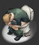  1boy artist_name blonde_hair clothes_pull green_jacket jacket long_sleeves male_focus meme pants pants_pull sel3phi shinji_in_a_chair_(meme) sitting solo spy_x_family toilet toilet_paper toilet_use twilight_(spy_x_family) twitter_username 