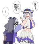  ... 2girls abs animal_ears blank_eyes blue_headwear bow collar_grab commentary ear_covers ear_ornament ears_back ears_down ears_through_headwear flying_sweatdrops fukuro_(maruaru00) furrowed_brow genderswap genderswap_(mtf) grey_hair groin hair_between_eyes hat highres hishi_miracle_(umamusume) holding horse_ears horse_girl horse_tail kurofune_(racehorse) lifting_person midriff military_hat multiple_girls nervous_sweating original peaked_cap personification pleated_skirt puffy_short_sleeves puffy_sleeves purple_bow purple_shirt sailor_collar sailor_shirt sanpaku school_uniform shirt short_hair short_sleeves simple_background skirt speech_bubble spoken_ellipsis summer_uniform sweat tail tail_through_clothes thighhighs toned tracen_school_uniform translation_request umamusume veins veiny_arms waist_bow wasabi white_background white_sailor_collar white_skirt white_thighhighs 