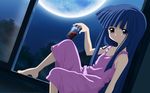  alcohol artist_request blue_hair dress drink furude_rika highres higurashi_no_naku_koro_ni long_hair moon solo wallpaper wine 