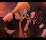  2girls aoki_shizumi belt black_hair blonde_hair brown_eyes choker d4dj elsie_(d4dj) hair_bun highres holding holding_microphone looking_at_another microphone multicolored_hair multiple_girls neo_(d4dj) open_mouth purple_eyes streaked_hair 