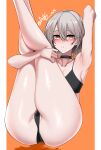  1girl absurdres arm_up armpits black_bra black_choker black_panties blush bra breasts cameltoe choker collarbone commission crossed_legs dogs_(dlrkdejr26) feet_out_of_frame girls&#039;_frontline grey_hair hair_between_eyes hand_up highres legs_up looking_at_viewer medium_breasts medium_hair panties parted_lips solo thighs twitter_username underwear vector_(girls&#039;_frontline) yellow_eyes 