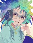  1other aqua_hair artist_name blue_eyes blue_feathers eyelashes facepaint feathers gnosia green_eyes green_feathers han_(hn-khk) highres looking_at_viewer multicolored_clothes outline purple_feathers raqio simple_background solo upper_body white_background 