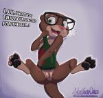 3_toes anthro averyfondoreo breasts brown_body brown_fur claws dialogue eyewear eyewear_only feet female fur genitals glasses glasses_only green_eyes hi_res lying mammal mustelid nipples nude on_back open_mouth otter pawpads pussy sam_(zootopia+) small_breasts solo toe_claws toes wearing_glasses whiskers wine_bottle