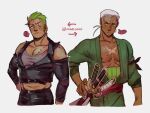  ... 2boys ? arrow_(symbol) bara belly character_request cosplay costume_switch cropped_legs crossover dark-skinned_male dark_skin fire_emblem green_hair japanese_clothes kimono lokh male_focus midriff_peek multiple_boys muscular muscular_male nipple_slip nipples one_piece pectoral_cleavage pectorals plump roronoa_zoro scar scar_across_eye short_hair spoken_question_mark standing torn_clothes torn_sleeves trait_connection white_hair 