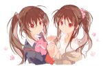  2girls :&lt; ahoge ardbf black_jacket bow brown_hair brown_jacket closed_mouth collared_shirt commentary_request cropped_torso dual_persona hair_between_eyes hair_ornament hair_scrunchie holding_hands jacket little_busters! little_busters!_school_uniform long_hair long_sleeves looking_at_viewer multiple_girls natsume_rin open_clothes open_jacket pink_bow pink_scrunchie ponytail red_eyes school_uniform scrunchie shirt simple_background sketch smile split_mouth upper_body white_background white_shirt 