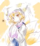  artist_request blonde_hair fox_tail hands_in_opposite_sleeves hat long_sleeves multiple_tails pillow_hat sketch solo surcoat tail tassel touhou wide_sleeves yakumo_ran yellow_eyes 