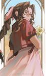  1girl absurdres aerith_gainsborough border closed_mouth cowboy_shot cropped_jacket dress english_commentary final_fantasy final_fantasy_vii final_fantasy_vii_rebirth final_fantasy_vii_remake flower from_behind green_eyes hair_ribbon happy_birthday highres holding holding_flower jacket light_smile lily_(flower) long_dress looking_to_the_side oretsuu parted_bangs pillarboxed pink_dress pink_ribbon puffy_short_sleeves puffy_sleeves red_jacket ribbon short_sleeves sidelocks solo twitter_username wavy_hair white_border yellow_flower 