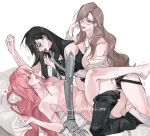  3girls arm_support black_hair black_pants blue_eyes breasts camisole closed_eyes commentary commission dildo fff_threesome glasses group_sex heart jewelry large_breasts long_hair looking_at_another lying m_omoo mechanical_arms medium_breasts multiple_girls necklace nipples on_back open_mouth original pants pink_camisole pink_eyes pink_hair scar scar_across_eye semi-rimless_eyewear sex_toy single_mechanical_arm spoken_heart straddling strap-on strap_slip sweat threesome trembling under-rim_eyewear white_background yuri 