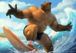  1boy bara beach belly bulge capybara_boy capybara_ears chest_tuft drawller full_body furry furry_male highres large_pectorals looking_ahead male_focus male_swimwear muscular muscular_male no_nipples ocean original pectorals short_hair standing surfboard surfing swim_briefs thick_thighs thighs topless_male water 