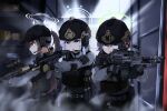  3girls black_gloves black_hair black_headwear black_vest blue_archive blue_eyes blue_halo brown_gloves camouflage camouflage_pants closed_mouth clov3r gloves green_halo grey_hair grey_halo gun hair_between_eyes halo hat highres holding holding_gun holding_weapon indoors korean_commentary long_hair miyako_(blue_archive) miyu_(blue_archive) multiple_girls open_mouth pants purple_eyes purple_hair red_eyes saki_(blue_archive) short_hair vest weapon 