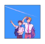  2boys bag black_eyes black_hair black_pants blonde_hair blue_sky border collared_shirt commentary_request constricted_pupils contrail cowboy_shot day dress_shirt eduroku floating_hair grin half-closed_eyes hand_up highres holding holding_clothes holding_jacket jacket kageyama_shigeo looking_to_the_side male_focus mob_psycho_100 multiple_boys necktie open_mouth outdoors outstretched_arm pants pink_jacket pink_pants pointing polo_shirt purple_necktie reigen_arataka school_bag shading_eyes shirt short_hair short_sleeves shoulder_bag sky sleeves_pushed_up smile suit_jacket unworn_jacket walking white_border 