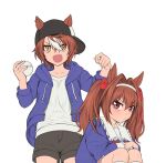  2girls aged_down androgynous animal_ears ball baseball baseball_cap black_headwear blue_jacket brown_hair collarbone commentary daiwa_major_(racehorse) daiwa_scarlet_(umamusume) drawstring ears_through_headwear eyebrows_hidden_by_hair fang frilled_shirt_collar frills fukuro_(maruaru00) genderswap genderswap_(mtf) grey_shorts hair_between_eyes hair_intakes hair_ribbon hairband hat highres holding holding_ball hood hooded_jacket horse_ears horse_girl jacket long_hair long_sleeves multiple_girls open_clothes open_jacket open_mouth orange_eyes original personification pout red_eyes red_ribbon ribbon shirt short_hair shorts siblings sideways_glance sideways_hat simple_background sisters slit_pupils twintails umamusume upper_body very_long_hair white_background white_hair white_hairband white_shirt 