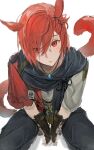  1boy animal_ears black_pants black_scarf cat_ears cat_tail final_fantasy final_fantasy_xiv g&#039;raha_tia hair_ornament hairclip head_tilt highres jewelry looking_at_viewer lumeru_33 male_focus miqo&#039;te necklace pants parted_lips red_eyes red_hair scarf simple_background solo squatting tail white_background x_hair_ornament 