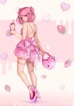  1girl alternate_costume bag bare_arms bare_shoulders blush bow cup doki_doki_literature_club drinking_straw food from_behind fruit hair_bow heart-shaped_bag high_heels highres holding holding_bag holding_cup looking_at_viewer looking_back medium_hair natsuki_(doki_doki_literature_club) pink_bow pink_eyes pink_footwear pink_hair potetos7 solo strawberry thigh_strap twintails 