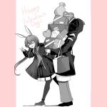  1girl 1other :d amiya_(arknights) animal_ears arknights bag bee_(user_cwsv3353) blush carrying_bag closed_eyes doctor_(arknights) dot_nose facing_viewer from_side greyscale_with_colored_background hair_between_eyes hand_up happy_valentine highres hood hood_up hooded_jacket jacket jewelry long_hair long_sleeves mask multiple_rings open_clothes open_jacket open_mouth outside_border pants pantyhose pillarboxed ponytail rabbit_ears rabbit_girl ring shoes smile tote_bag v 