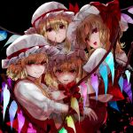  4girls absurdres ascot black_background blonde_hair crystal_wings dress eneshi flandre_scarlet four_of_a_kind_(touhou) hat highres mob_cap multiple_girls open_mouth pointy_ears puffy_short_sleeves puffy_sleeves red_dress red_eyes short_sleeves simple_background smile tongue tongue_out touhou upper_body yellow_ascot 