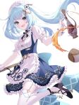  1girl :d alternate_costume apron black_footwear blue_hair blue_skirt blush breasts collared_shirt cup dot_nose enmaided faruzan_(cafe)_(genshin_impact) faruzan_(genshin_impact) floating_hair foot_out_of_frame frilled_apron frilled_shirt frilled_skirt frills from_side genshin_impact green_eyes highres holding holding_teapot long_bangs long_hair looking_at_viewer maid maid_headdress neneko_sleep open_mouth petticoat puffy_short_sleeves puffy_sleeves shirt shoes short_sleeves sidelocks simple_background skirt small_breasts smile solo suspender_skirt suspenders teacup teapot teeth thighhighs triangle-shaped_pupils twintails upper_teeth_only waist_apron white_apron white_background white_shirt white_thighhighs white_wrist_cuffs wrist_cuffs 