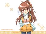  2008 artist_name bell brown_hair cat cowboy_shot earmuffs hair_bell hair_ornament izumi_rei jingle_bell lennon little_busters! long_hair looking_at_viewer mittens natsume_rin open_mouth red_eyes scarf solo striped striped_scarf wallpaper 
