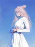  1girl animal_ears blue_background blue_sky bright_pupils closed_mouth colored_eyelashes dress gradient_background hands_up highres korean_commentary long_hair long_sleeves original outdoors pink_hair purple_eyes rabbit_ears rabbit_girl sasi_mozzi1 sky solo standing upper_body white_dress white_pupils 