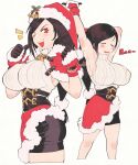  1girl armpits arms_up black_hair blush breasts brown_hair capelet christmas closed_eyes dress final_fantasy final_fantasy_vii final_fantasy_vii_ever_crisis final_fantasy_vii_remake fur-trimmed_capelet fur-trimmed_gloves fur-trimmed_headwear fur-trimmed_skirt fur_trim gloves hair_ornament hat highres holly_hat_ornament inkerton-kun large_breasts long_hair low-tied_long_hair multiple_views official_alternate_costume one_eye_closed outstretched_arm pom_pom_(clothes) pom_pom_hair_ornament red_capelet red_eyes red_skirt santa_hat sideboob skirt sleeveless sleeveless_sweater sweater swept_bangs tifa_lockhart tifa_lockhart_(fairy_of_the_holy_flame) turtleneck turtleneck_sweater white_sweater 