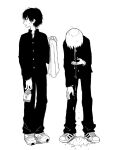 2boys bent_over bottle full_body gakuran greyscale hand_up head_down holding holding_bottle holding_towel jacket long_sleeves looking_to_the_side male_focus monochrome multiple_boys new_balance open_mouth original pants popped_collar profile school_uniform shoes short_hair simple_background sneakers standing sweatdrop towel turtleneck turtleneck_jacket umi_ha_kirai vomit vomiting 