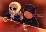  2boys alcohol animal_ear_headwear animal_ears artist_name ashtray bar_(place) beanie beer beer_mug between_fingers black_headwear black_jacket black_sclera black_shirt black_sleeves blue_jacket blue_shirt blue_sleeves blurry blurry_background blush_stickers bright_pupils brown_hair buttons cat_ears character_name cigarette closed_eyes coattails collared_jacket colored_sclera commentary_request copyright_name crossover cup danganronpa_(series) danganronpa_v3:_killing_harmony drink fake_animal_ears grey_hood grin hand_in_pocket hat holding holding_cigarette holding_drink hood hood_down hooded_jacket hoshi_ryoma indoors jacket leather leather_jacket long_sleeves looking_at_another male_focus mug multiple_boys nabeya_sakihana parted_lips pocket sans shirt short_hair skeleton smile striped_clothes striped_shirt talking twitter_username two-tone_shirt undertale upper_body very_short_hair white_pupils white_shirt zipper zipper_pull_tab 