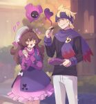  1boy 1girl :d apron black_sweater blonde_hair blurry blurry_background box box_of_chocolates brown_eyes brown_hair cerise chocolate commentary dress english_commentary food frilled_dress frills headband heart highres holding holding_box holding_chocolate holding_food long_hair morty_(pokemon) open_mouth original outdoors own_hands_together pants pecharunt pink_dress pokemon pokemon_(creature) pokemon_hgss purple_apron purple_headband purple_scarf red_scarf scarf short_hair smile standing sweat sweater teeth two-tone_scarf valentine white_pants 
