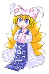  blonde_hair blush chibi des fox_tail hands_in_opposite_sleeves hat long_sleeves multiple_tails outline pillow_hat short_hair solo surcoat tabard tail tassel touhou transparent_background white_outline wide_sleeves yakumo_ran 