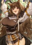  1girl absurdres animal_ears arknights arms_up black_skirt breasts brown_hair ceobe_(arknights) day dog_ears dog_girl fang highres kajuu large_breasts long_hair long_sleeves looking_at_viewer open_mouth outdoors red_eyes shirt skin_fang skirt smile solo standing 