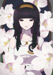  1girl bare_shoulders black_eyes black_hair blunt_bangs blush dress flower gloves gnosia hairband hime_cut long_hair looking_at_viewer masoogenki simple_background solo straight_hair upper_body white_background white_dress white_flower white_gloves yuriko_(gnosia) 