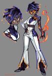  1girl absurdres artist_name belt breasts bumblesteak burning closed_mouth dark-skinned_female dark_skin dreadlocks english_text fire glasses grey_background highres looking_at_viewer nose orange_eyes original purple_hair shoes simple_background solo suit 