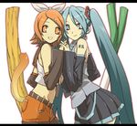  alternate_color alternate_eye_color alternate_hair_color aqua_eyes aqua_hair bad_id bad_pixiv_id fujii_toshiaki grin hands_clasped hatsune_miku kagamine_rin kemonomimi_mode letterboxed long_hair multiple_girls orange_eyes orange_hair own_hands_together short_hair smile tail twintails very_long_hair vocaloid 