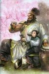  1girl absurdres alcohol armor artist_request beard cherry_blossoms facial_hair highres petals scan shin_sangoku_musou size_difference xing_cai younger zhang_fei 