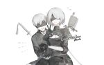  1boy 1girl 2b_(nier:automata) 9s_(nier:automata) artist_name black_blindfold black_dress black_gloves black_jacket black_thighhighs blindfold bob_cut boots breasts cleavage cleavage_cutout clothing_cutout dress feather_trim gloves grey_hair highres holding_hands jacket juliet_sleeves long_sleeves medium_breasts nier:automata nier_(series) open_mouth parted_lips pendant_choker pod_(nier:automata) puffy_sleeves rudooo short_hair smile sword thigh_boots thighhighs upper_body v weapon white_background 