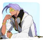  1boy bangle black_coat blue_background border bracelet braid chrono_cross closed_mouth coat coin eye_mask fusso_oekaki gold_trim green_eyes guile_(chrono_cross) hand_on_own_face highres holding holding_coin jewelry light_smile long_hair long_sleeves male_focus parted_bangs pectorals plunging_neckline purple_hair single_braid solo tan two-sided_coat two-sided_fabric upper_body white_border white_coat wide_sleeves 