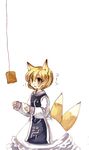  aburaage animal_ears artist_request blonde_hair fishing_hook food fox_ears fox_tail long_sleeves multiple_tails no_hat no_headwear simple_background sleeves_past_wrists solo surcoat tail touhou white_background yakumo_ran yellow_eyes younger 